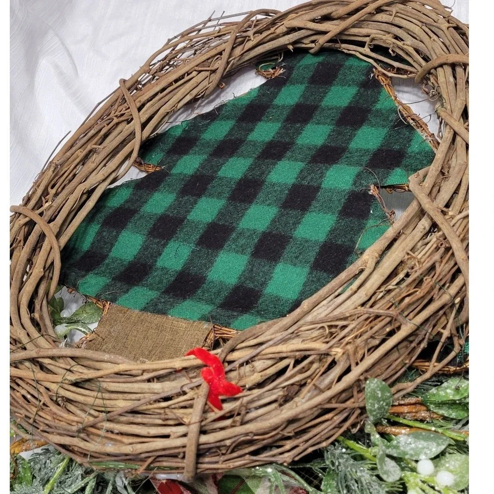 Rustic Wreath Natural Grapevine Green Buffalo Plaid Christmas one of a kind